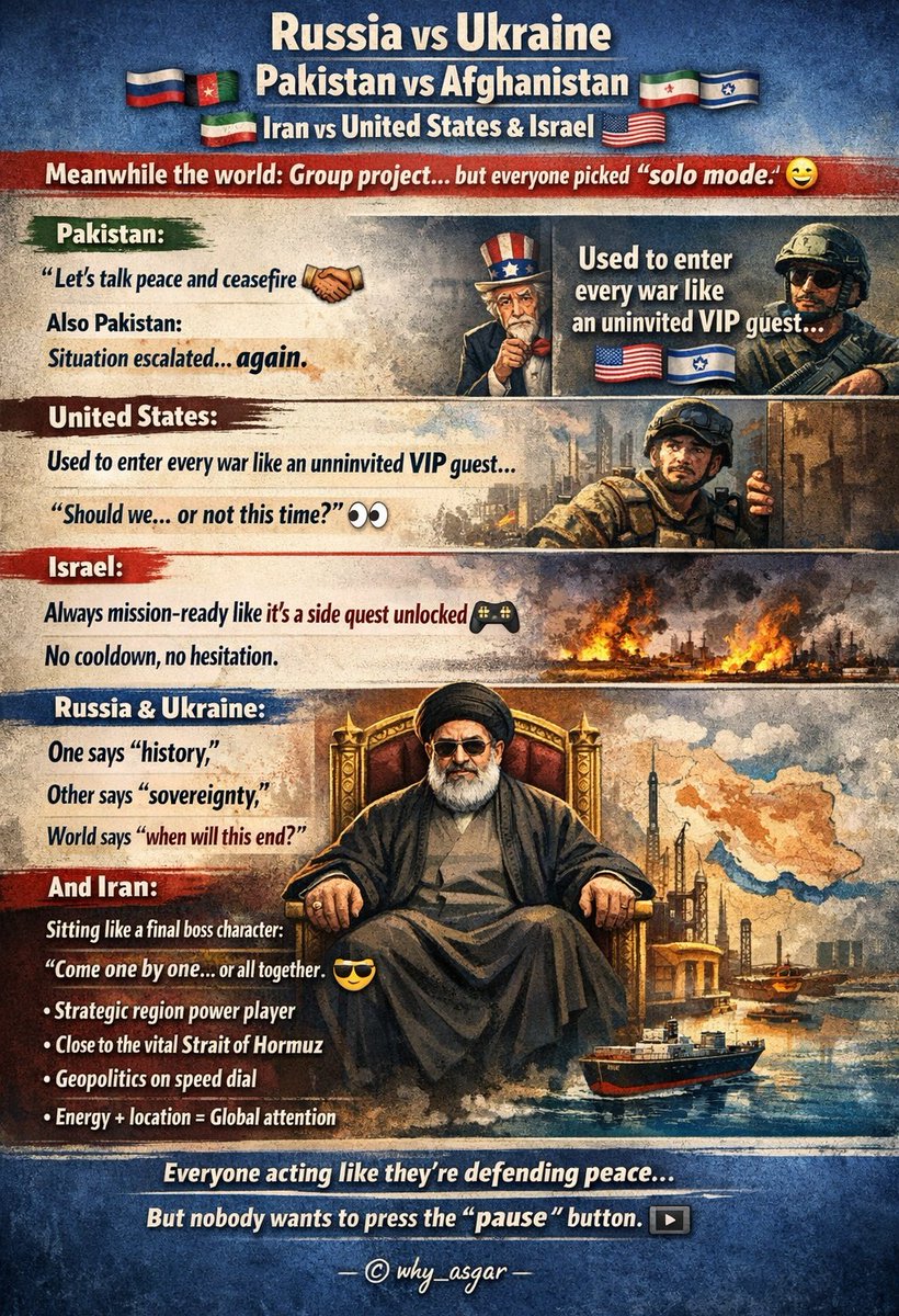 why_asgar's tweet photo. World running conflicts like a group project, everyone chose solo mode, nobody wants to hit pause  and honestly, with #Iran sitting on a chokepoint like the Strait of Hormuz, no one’s too eager to push forward either. #IranWar‌ #irandeal #IranMissile #usairan #whyasgar https://t.co/h3NxK4xT6U
