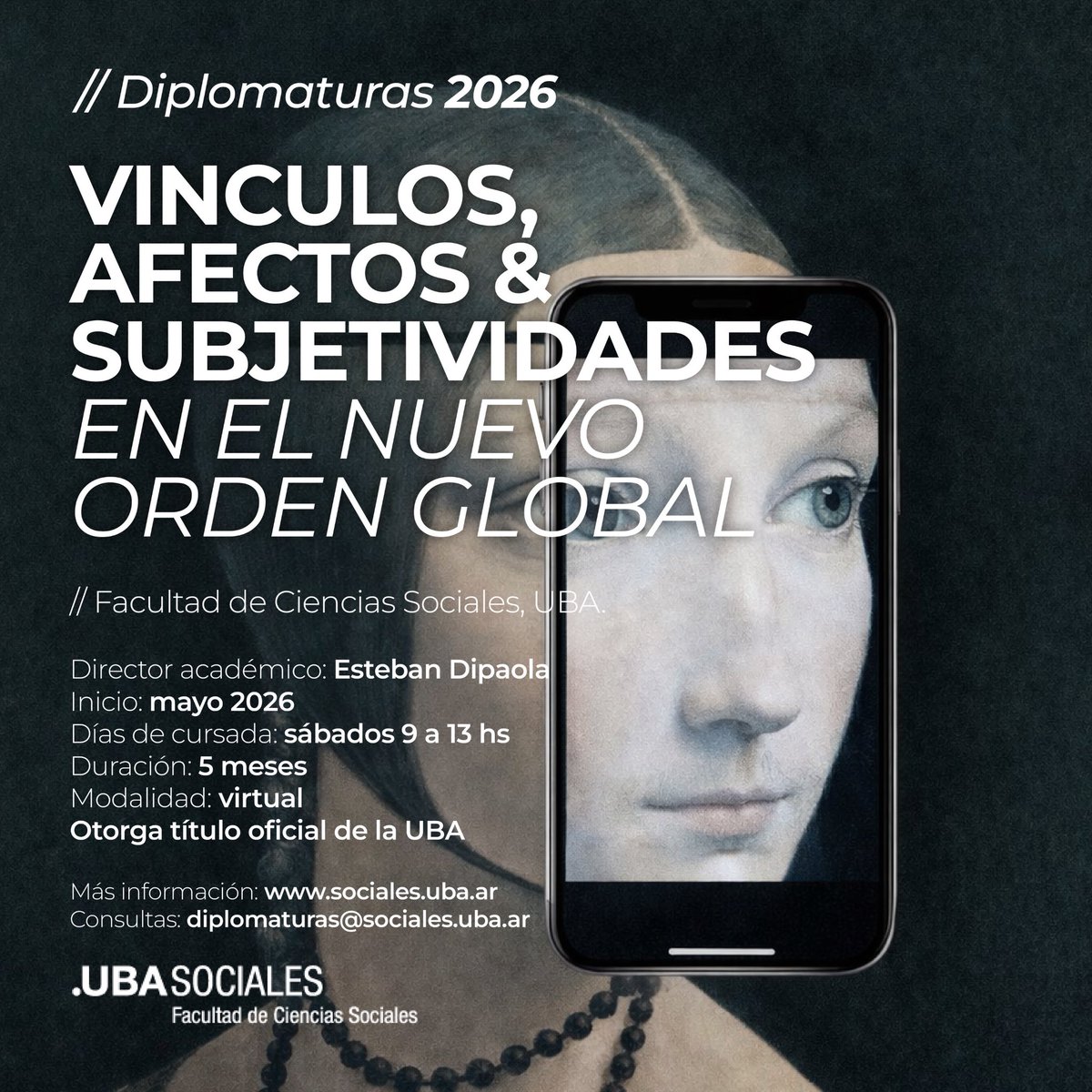 Están abiertas las inscripciones para la Diplomatura virtual de Sociales UBA : “Vínculos, afectos y subjetividades en el nuevo orden global” que dirige Esteban Dipaola. 
Este año tengo el honor de sumarme como docente. 

Toda la info y la inscripción aquí sociales.uba.ar/extension/dipl…
