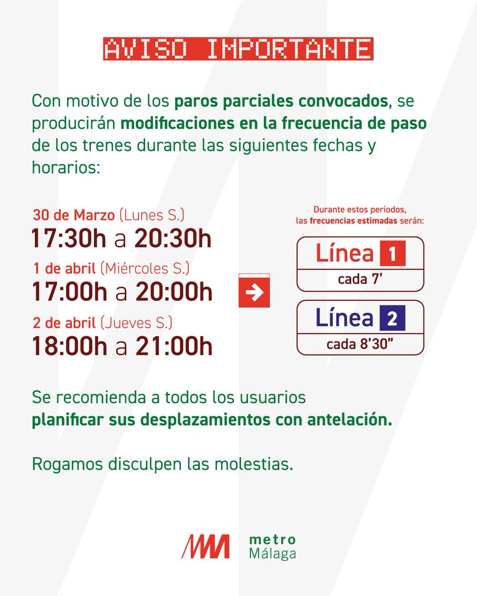 metromlgoficial's tweet photo. ⚠️Aviso importante

Con motivo de los paros parciales convocados, se producirán modificaciones en la frecuencia de paso de los trenes.
Se recomienda a todos los usuarios planificar sus viajes con antelación.
Rogamos disculpen las molestias. https://t.co/DP7gJbuDV5