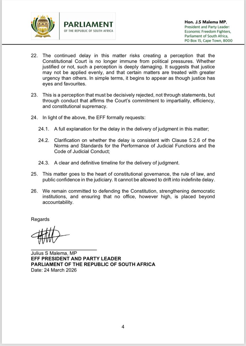 ♦️Phalaphala Saga♦️

CIC <a href="/Julius_S_Malema/">Julius Sello Malema</a>, has written to Chief Justice Mandisa Maya to raise serious concerns over the unacceptable and prolonged delay in the delivery of judgment in the matter of Economic Freedom Fighters v Speaker of the National Assembly and Others