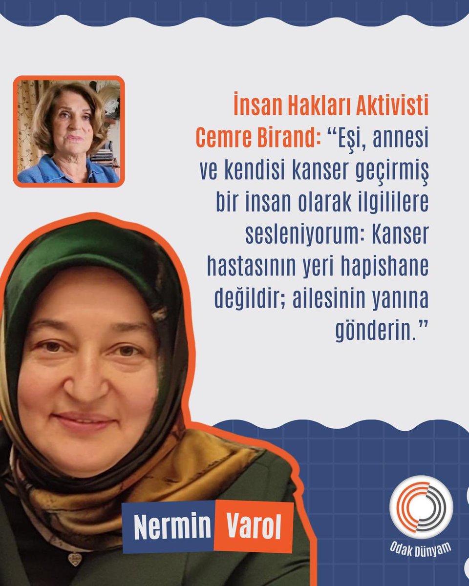 İnsan Hakları Aktivisti Cemre Birand: "Eşi, annesi ve kendisi kanser geçirmiş bir insan olarak ilgililere sesleniyorum: Kanser hastasının yeri hapishane değildir; ailesinin yanına gönderin."
<a href="/adalet_bakanlik/">T.C. Adalet Bakanlığı</a>
<a href="/cemre_birand2/">Cemre Birand</a>
NerminÖğretmene Tahliye
#MuhsinYazıcıoğlu #Rasyox Metehan