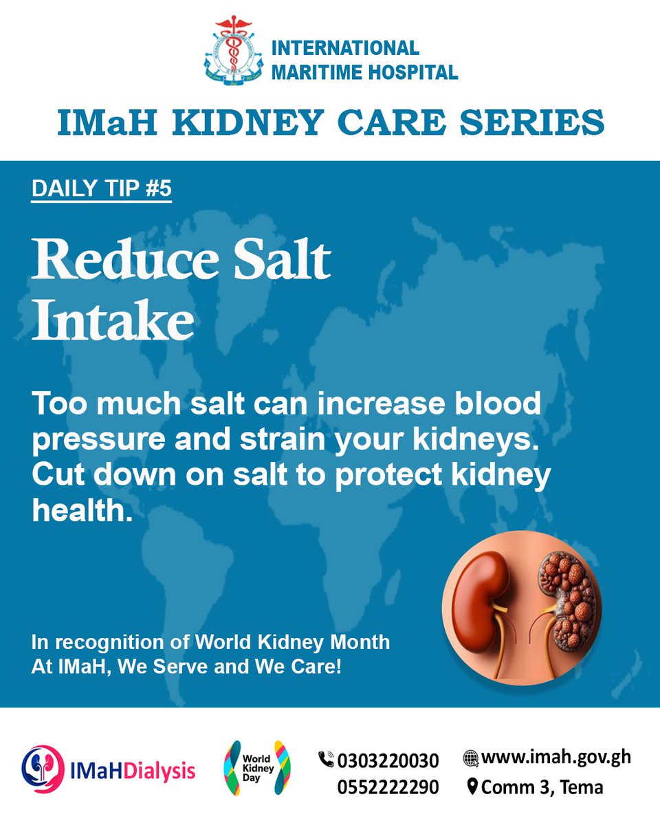 IMaHGhana's tweet photo. Small changes in your diet can make a big difference. Reducing salt intake helps protect both your heart and your kidneys.

#KidneyHealth #ReduceSalt #HealthyEating #WorldKidneyMonth #HealthyLiving https://t.co/pDMPnQZBXp