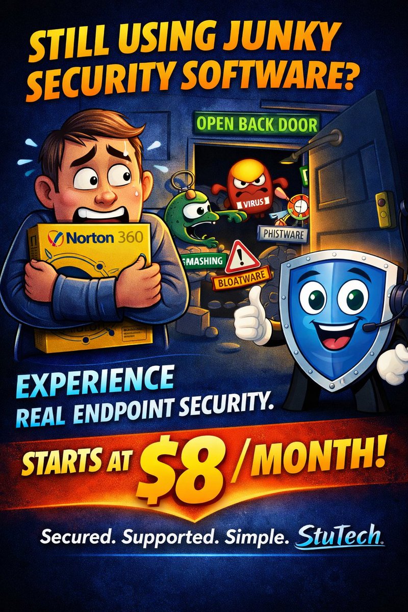StuTechAZ's tweet photo. StuTech truth bomb:

We regularly find malware on computers running Norton and other retail antivirus.

Antivirus alone isn’t cybersecurity anymore.

Not one StuTech managed client has had a virus or cyber incident while under our protection.

Real protection starts at $8/month. https://t.co/KceBCFb6x2