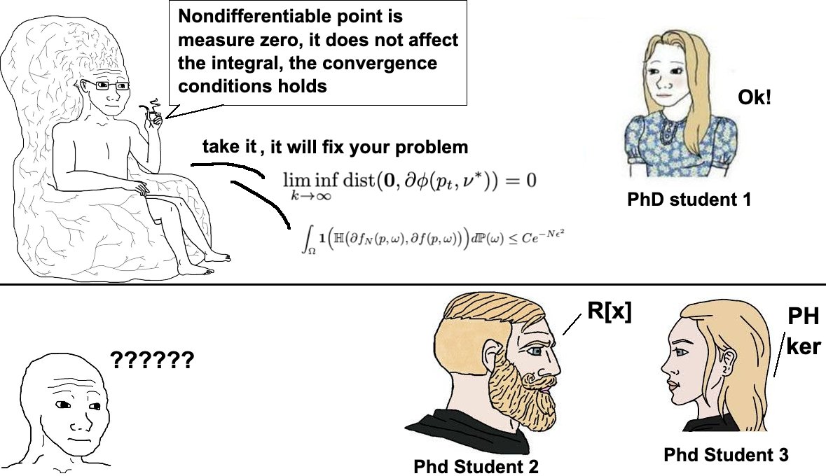 Three humans in a room.

Algebraic-geometry PhD student talking varieties, rings, Nullstellensatz to my visiting topology PhD student on quotients, kernels, persistent homology, bifiltration.

Me (analysis supervisor): WTF you two talking — does it converge?