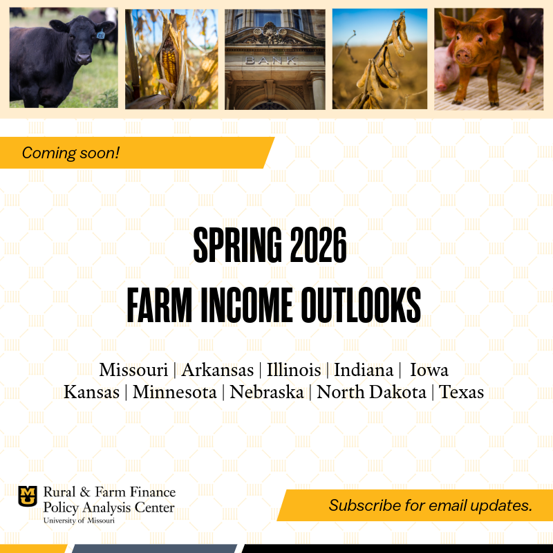 RaFFfinance's tweet photo. Spring 2026 Farm Income Outlooks are on the way! State-level reports for Missouri, Arkansas, Illinois, Indiana, Iowa, Kansas, Minnesota, Nebraska, North Dakota and Texas will include net farm income projections. 

Get the announcement in your inbox: https://t.co/8UPkgzdFdh https://t.co/LAqJF9TprD
