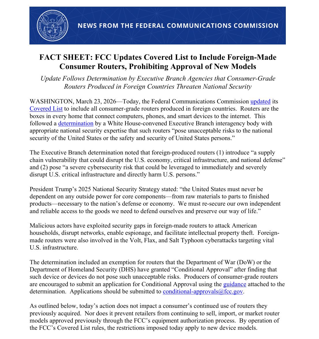 Dennis_Kipker's tweet image. #Router-Verbot in den #USA: Sicherheitspolitik trifft auf Marktrealität. Die #FCC verbannt alle ausländischen Consumer-Router - trifft aber auch US-Firmen. Die Crux an der Sache: Die meisten Angriffe nutzen ungepatchte Firmware, kein Herkunftsland-Problem:
fcc.gov/document/fcc-u…