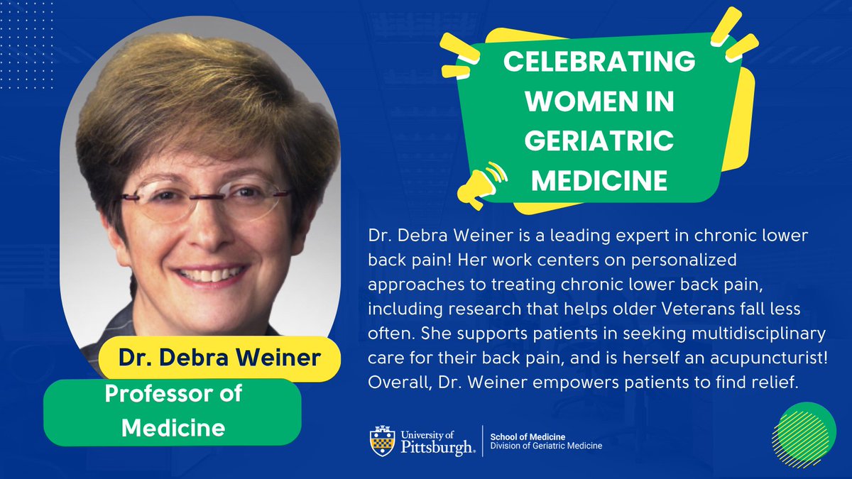 PittGeriMed's tweet image. Let's celebrate Dr. Debra Weiner, Professor of Medicine in the Division of Geriatric Medicine! Dr. Weiner is an expert on chronic lower back pain. Her work empowers patients and provides individualized care to find relief.

#WomensHistoryMonth #GeriatricMedicine #CLBP