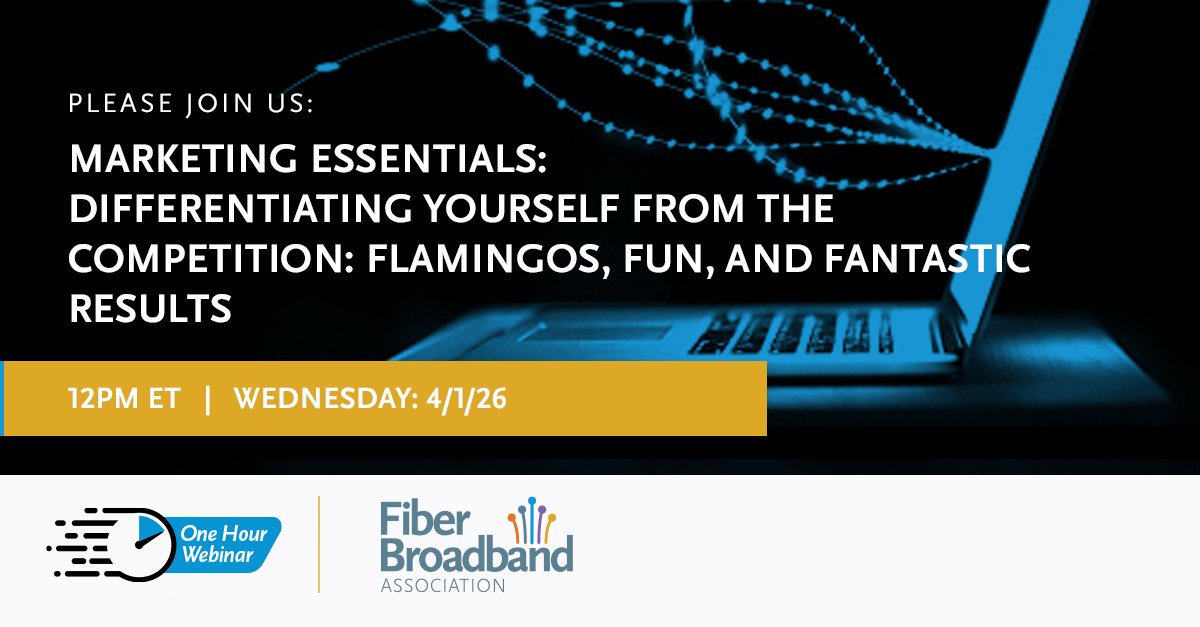 fiberbroadband's tweet image. Join Nex-Tech on April 1 at 12 PM ET for Marketing Essentials: Differentiating Yourself from the Competition: Flamingos, Fun, and Fantastic Results.

Don’t miss it: hubs.la/Q0487ClF0

#FiberBroadband #Fiber #Broadband #FiberBroadbandAssociation