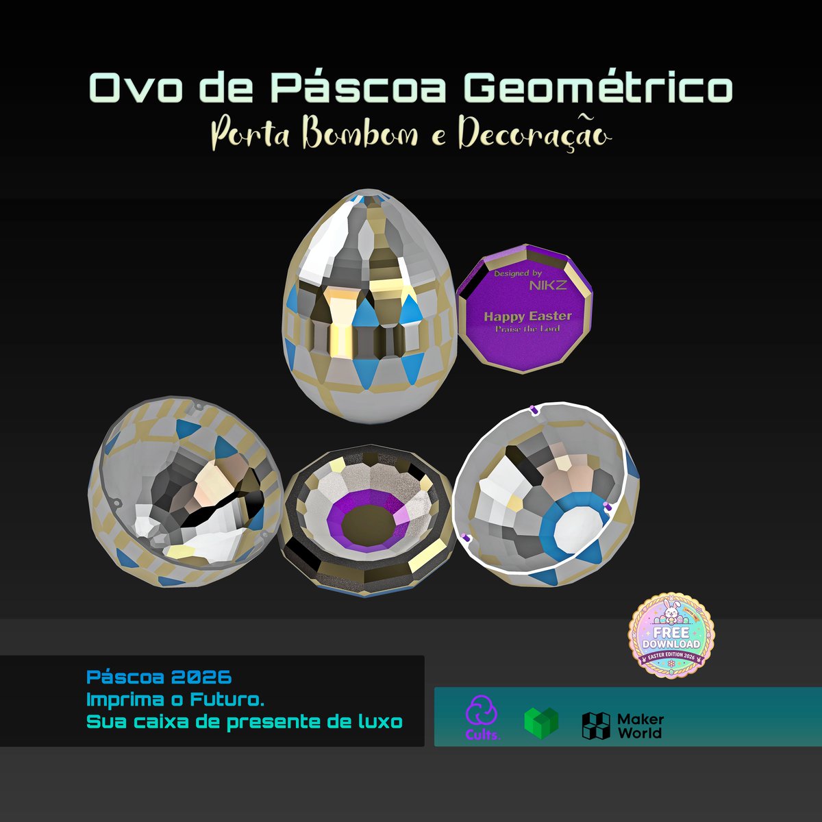 Nickxsx's tweet photo. Páscoa 2026🐰✨
Criei este modelo 3D exclusivo 2 em 1: peça de decoração  e um porta-bombons elegante para presentear.

✅ 2 opções de base (inclusas)
✅ Encaixe perfeito
✅ Download GRATUITO
Baixe agora no link da bio! 👇

#SnapmakerEasterChallenge
#IWantSnapmakerU1 https://t.co/KdlAhwZ8ex