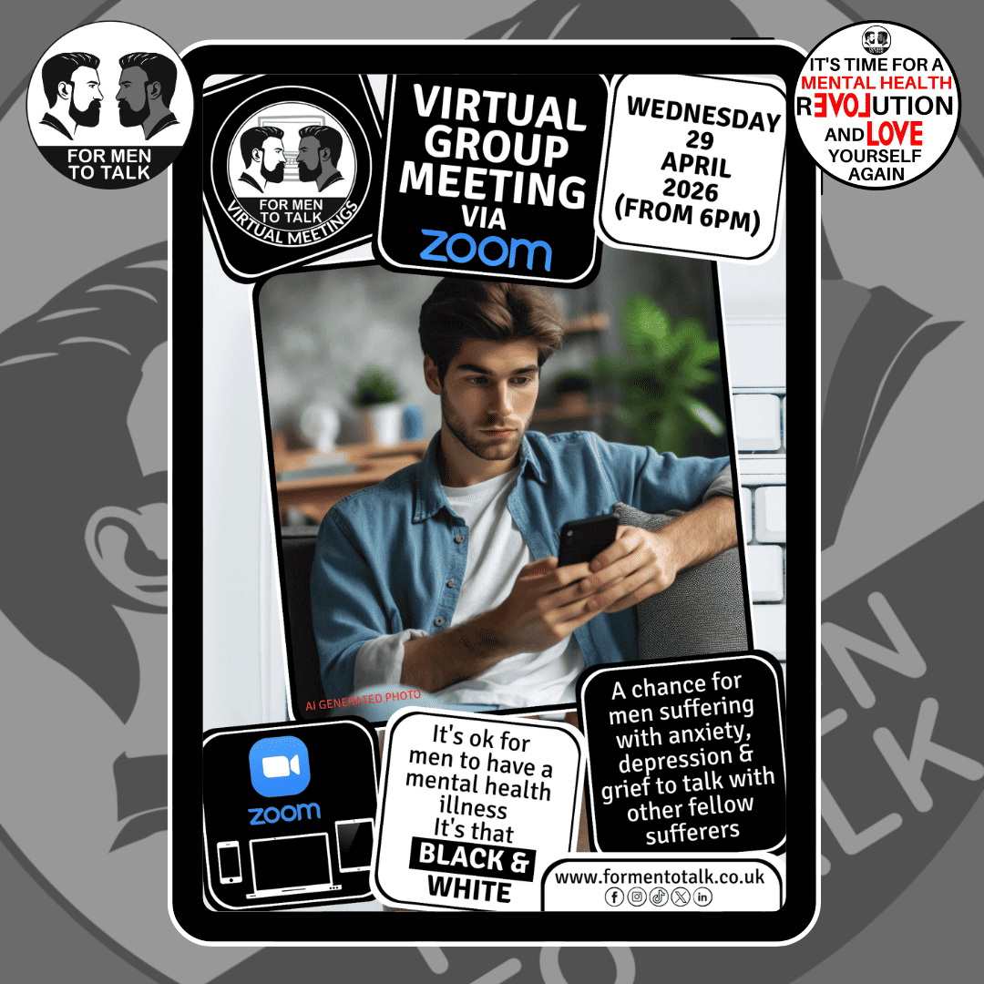 ForMenToTalk's tweet image. The next @formentotalk - Virtual Meeting is on Wed 29 April, at 6pm through Zoom. It allows men working through #mentalhealth concerns such as #anxiety, #depression and #grief to talk in confidence. Visit tinyurl.com/fmttvm for login details.