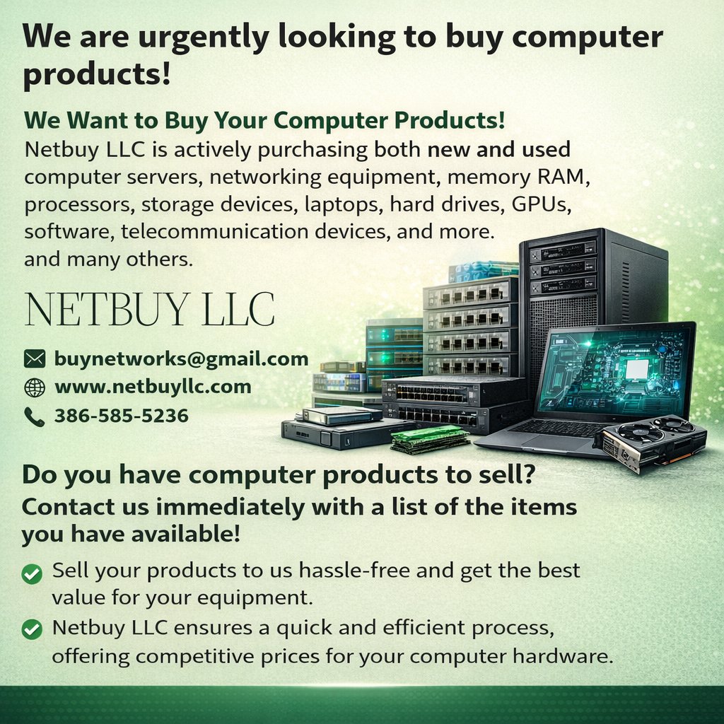 netbuy3's tweet photo. Do you have unused or surplus tech equipment lying around?
Netbuy LLC is here to help you turn them into cash.
Could you send us a list of what you have to sell, and we'll offer you competitive prices for your items?
Email buynetworks@gmail.com

https://t.co/zEo8PVw2yB https://t.co/lFd1noNRly