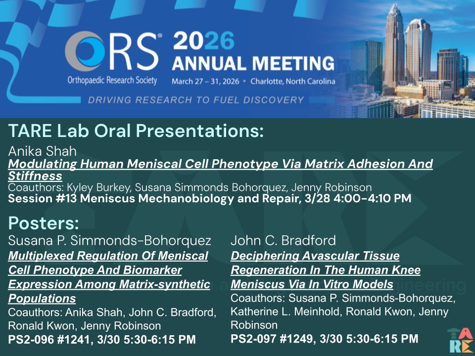 TARE_Lab's tweet photo. Next up, we're also at ORS in Charlotte this weekend! We're looking forward to our research engineer Anika's oral presentation and two posters from graduate students Susy and John. Come talk to us about our exciting work on meniscus regeneration! #ORS2026 @ORSsociety https://t.co/o8iLjXlRt4