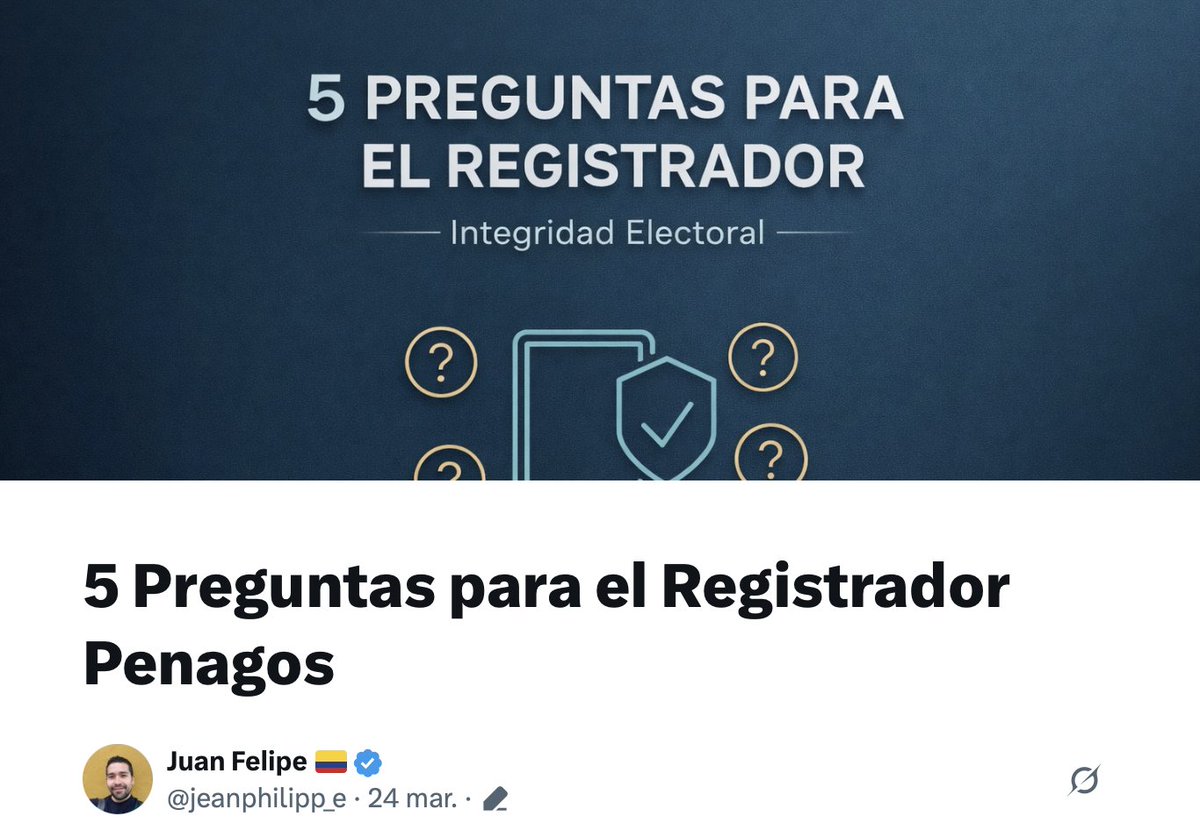 jeanphilipp_e's tweet photo. La desinformación electoral y sus efectos en no es responsabilidad exclusiva de quienes la difunden, sino también de las autoridades cuando permiten la existencia de vacíos informativos propicios para la sospecha.

Por eso, planteo cinco preguntas a la Registraduría, orientadas a dar claridad técnica y verificable sobre los siguientes cinco (5) puntos, hoy en el centro de las narrativas de fraude:

• Propiedad del software de escrutinios
• Seguridad y trazabilidad de los escrutinios
• Designación de jurados de votación
• Archivo Nacional de Identificación (ANI)
• Auditoría internacional

Estas preguntas no son confrontacionales. Son una oportunidad para cerrar vacíos de información y fortalecer la legitimidad de los procesos electorales frente al asedio de las narrativas de fraude.

https://t.co/NVaB2YLnCk