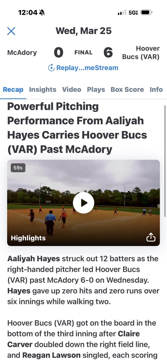 hayes_aaliyah22's tweet photo. Gulf Coast Tournament
first bracket game against McAdory High school .
We win 6-0
I pitched :
βοΈ- 12KK's - no hitter
Next game is at 2 pm
#classof2030
#8thgrader
#1percentbettereachday
@BHMBolts2030
@BHMBoltsOrg
@coach_jenny2
@Hoover_SB
@CoastRecruits
@TopPreps
@TOP_D1RECRUITS
@LineDsoftball
@CoastRecruitsSB
@PrepSoftball
@themaineventsb
@RIPITSports