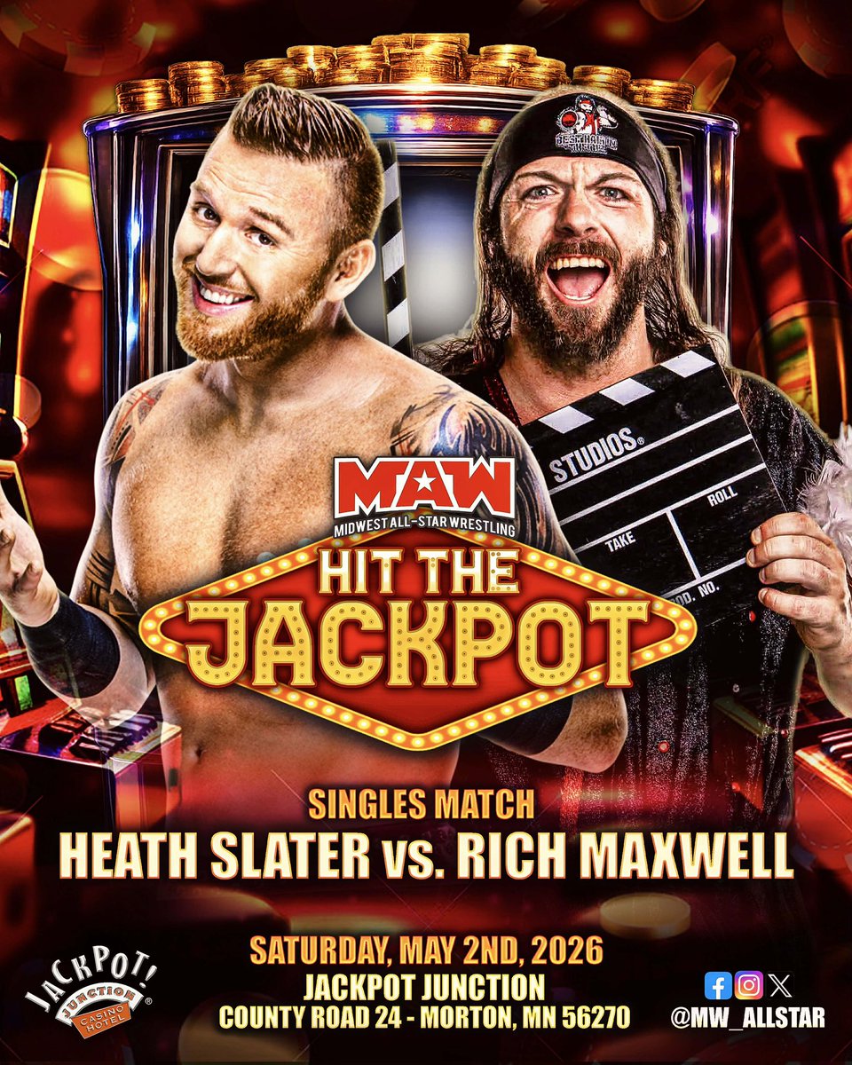 MW_AllStar's tweet photo. 🎰 Singles Action! 🎰

Heath Slater 🆚 Rich Maxwell

MAW-Live! “Hit The Jackpot”
Saturday, May 2nd, 2026
Jackpot Junction Casino Hotel
Morton MN 56270 
All Ages!

🎟️On Sale!🎟️

Casino Gift Shop

Ticketmaster

https://t.co/8ImnHau6MB https://t.co/uYqxS530wf