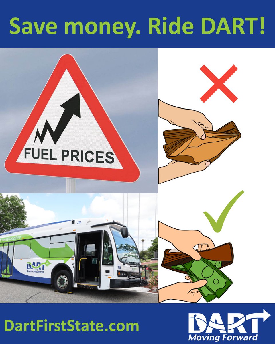 Dartfirststate's tweet image. Fuel prices are rising. Save some money by riding DART! #Transit #Delaware #savemoney dartfirststate.com/RiderInfo/Rout…