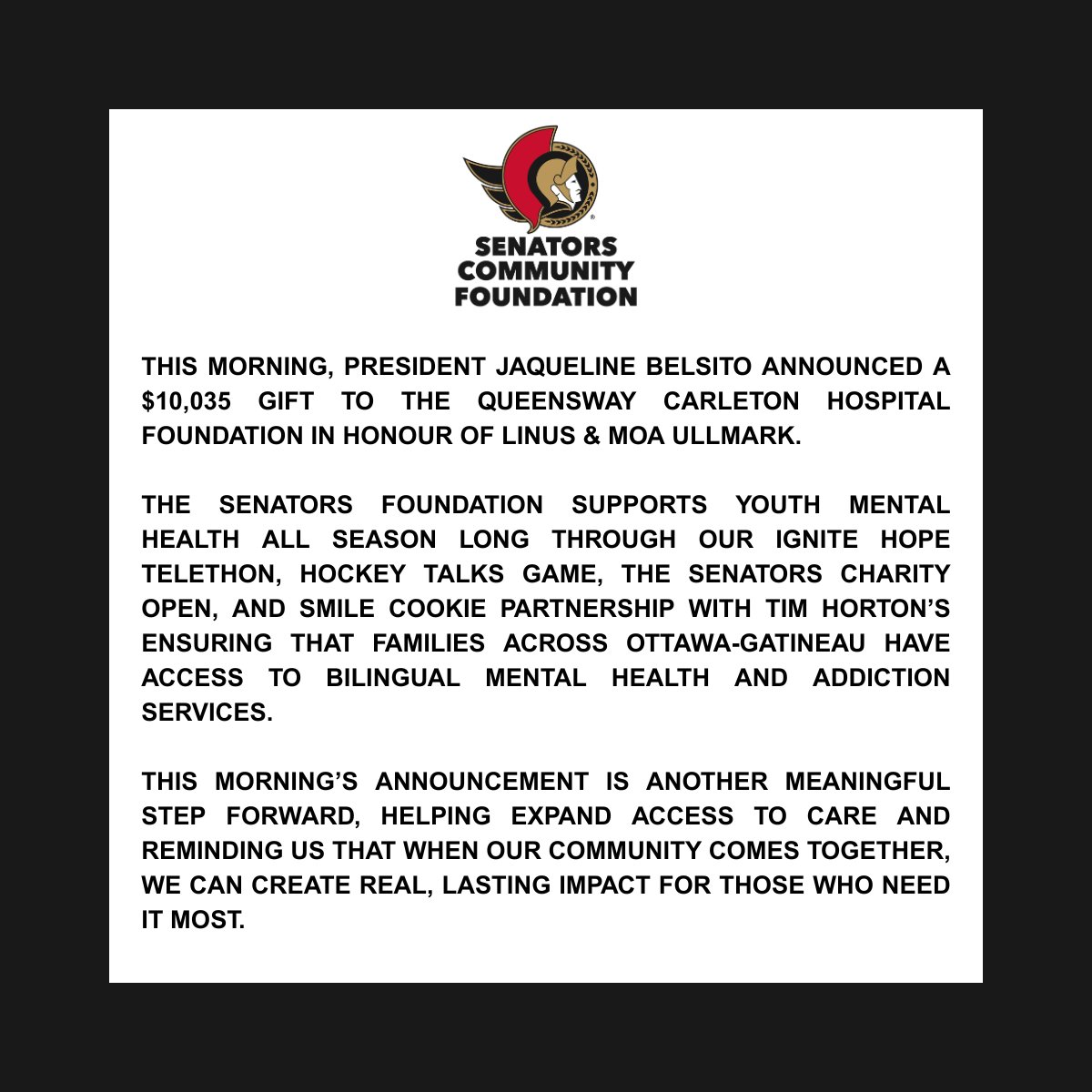 SenatorsFndn's tweet photo. Hear from President Jacqueline Belsito on this morning's gift to the Queensway Carleton Hospital Foundation's mental health programs in honour of Linus &amp; Moa Ullmark. https://t.co/a3MU9W1zF6