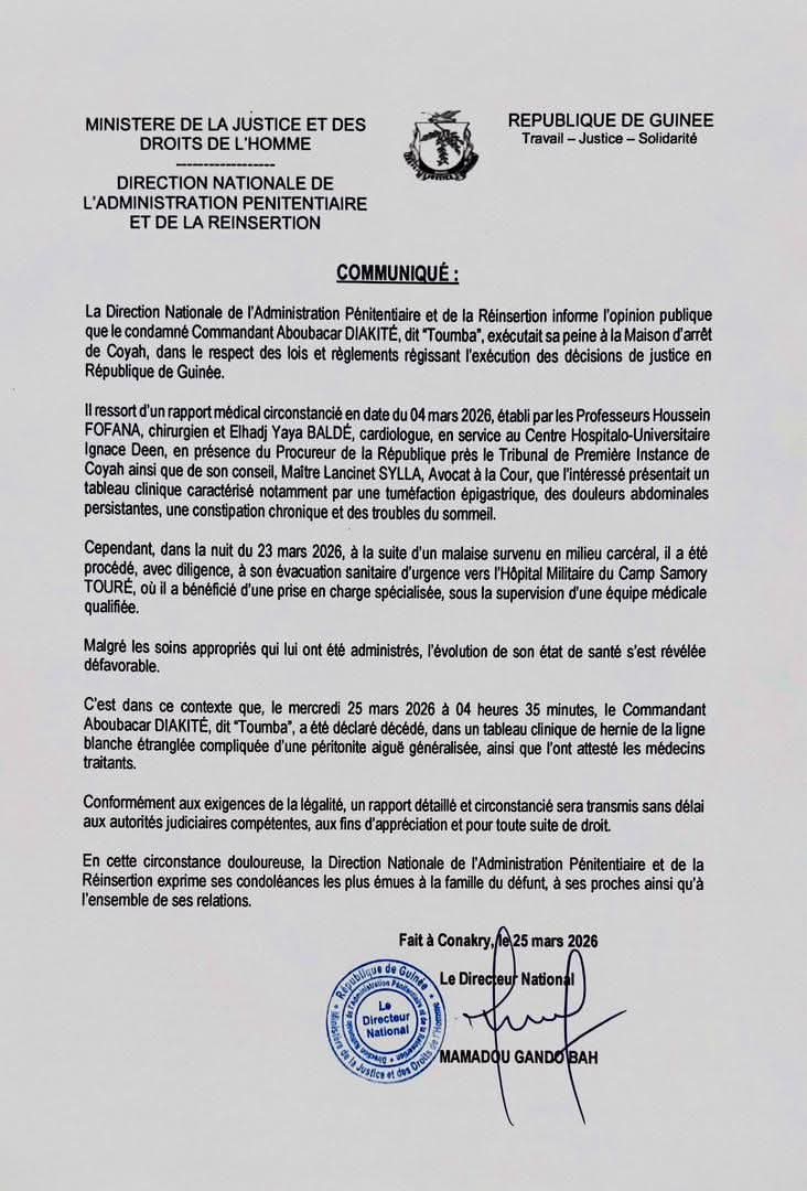aboubacarybarma's tweet photo. #Guinée : décès en détention du commandant #Toumba_Diakité

Selon la justice, le commandant Sidiki #Aboubacar_Diakité dit #Toumba, l'ancien membre de la junte militaire #CNRD et ex aide de camp de son chef #Moussa_Dadis_Camara, a été évacué en urgence depuis la #prison de #Coyah https://t.co/BFFFL64XA7