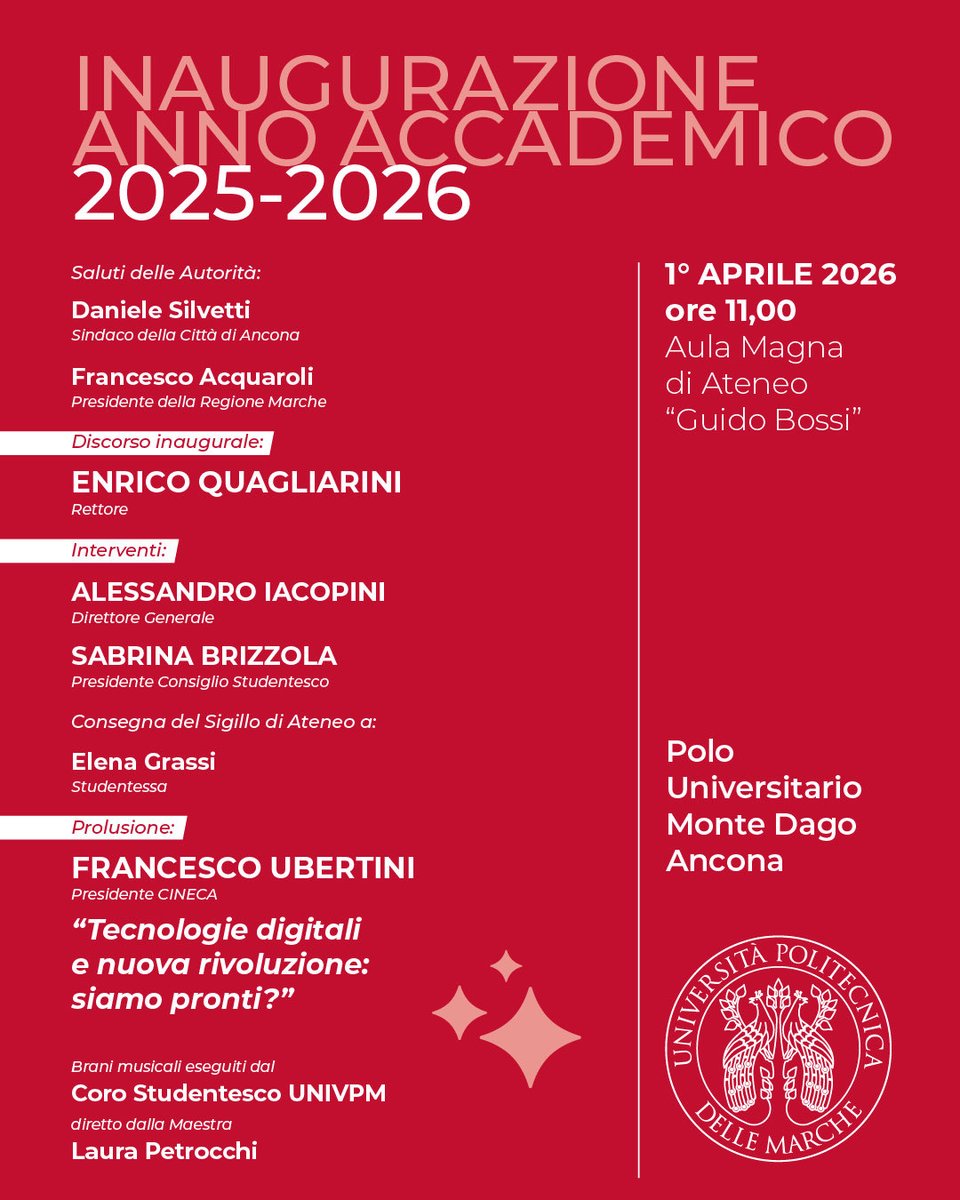 UnivPoliMarche's tweet photo. Cerimonia di Inaugurazione dell’Anno Accademico 2025-2026, un momento di condivisione, riflessione e visione sul futuro del nostro Ateneo.

Mercoledì 1° aprile 2026 ore 11,00
Aula Magna di Ateneo “Guido Bossi”
(Monte Dago – Ancona).
 
Il programma https://t.co/we31dEpIPn https://t.co/FQVA6yzbxh