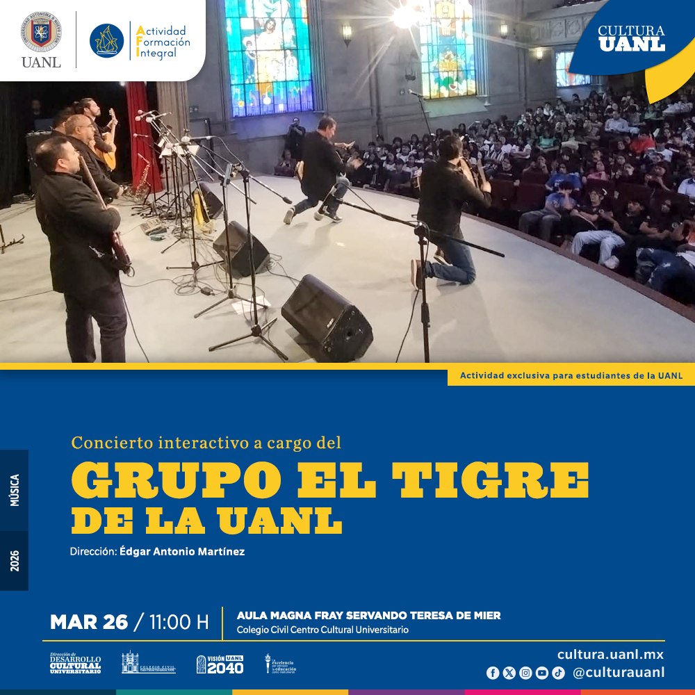 uanl's tweet photo. ¿Buscas un #EventoAFI con música y talento universitario? 🎶 No lo pienses dos veces y asiste al Concierto Interactivo del Grupo "El Tigre de la UANL" 🐯🎸, un espectáculo lleno de ritmo y exclusivo para estudiantes.
📍 #ColegioCivil
🗓️ 26 de marzo | 🕚 11:00 horas https://t.co/7MJCWXOeoM