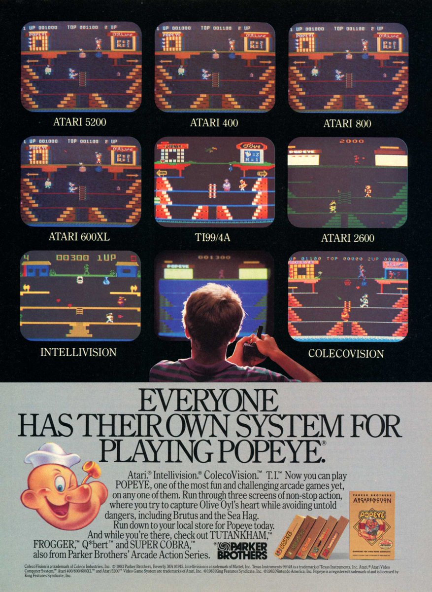 David_Tipton's tweet photo. Parker Brothers multi-platform video game ads for comic books and magazines from 1983: Frogger, Popeye, and Q*bert. Parker Brothers made versions of their games for a wide variety of video game consoles and computers of the time. 

#videogames #retrogaming #atari #intellivision https://t.co/YA4s9Srvyt