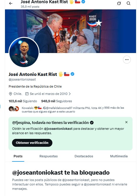 Por qué Kast sigue teniendo bloqueado a usuarios de X esto es ilegal, lo mismo que hizo duraante cuatro años la marxista  <a href="/camila_vallejo/">Camila Vallejo Dowling</a>  cc: <a href="/Contraloriacl/">Contraloría</a>