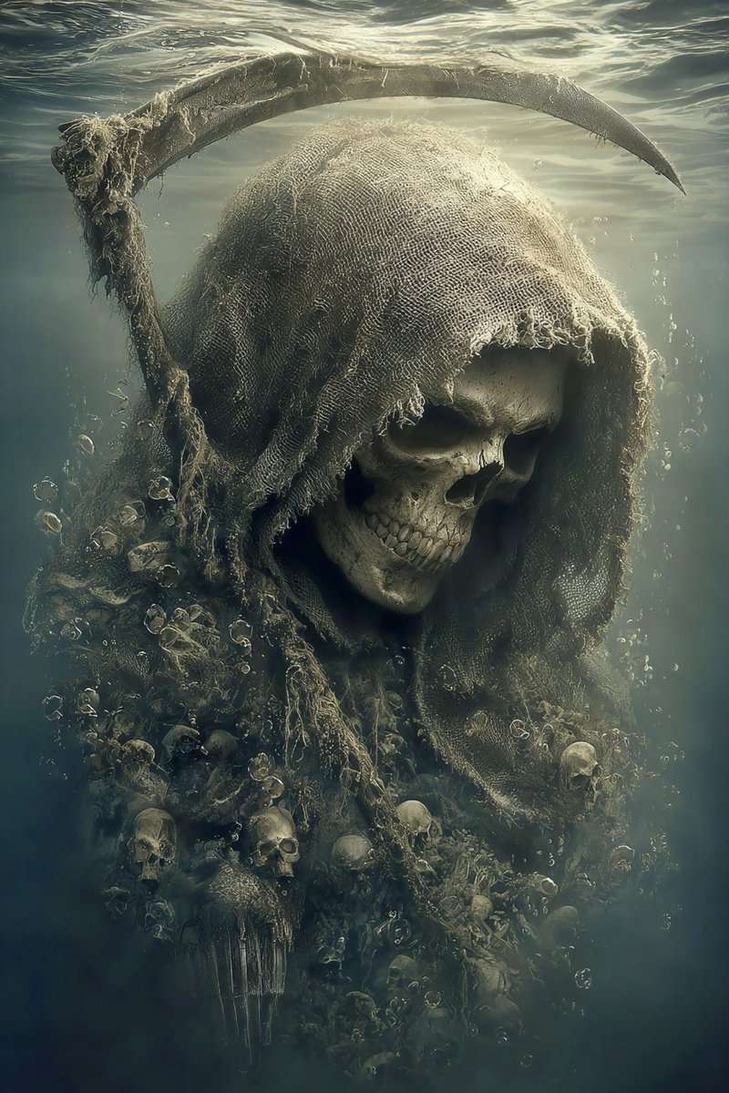 RaptureAi's tweet image. Diving deep into the abyss, we uncover secrets of life's final journey. Embrace the beauty in darkness and remember, every ending leads to a new beginning. #DarkArt #Gothic #SkullArt #UnderwaterPhotography #MysticalVibes