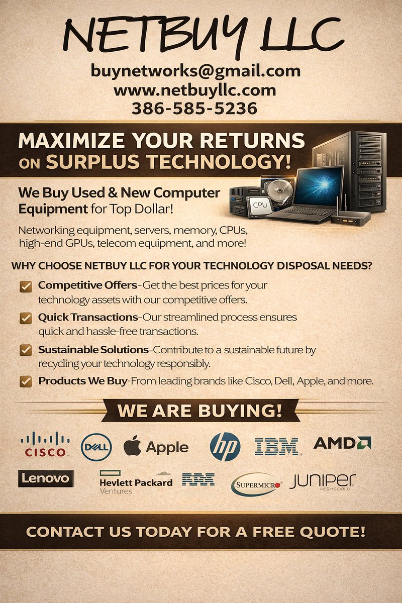 netbuy3's tweet photo. We are Buying New and Used Computer Networking, Datacom, Datacenter, Telecom, Cisco, Nvidia, and more!

PLEASE EMAIL buynetworks@gmail.com WITH A LIST OF PRODUCTS YOU SELL!

https://t.co/zEo8PVw2yB https://t.co/F3kmuqEhkd