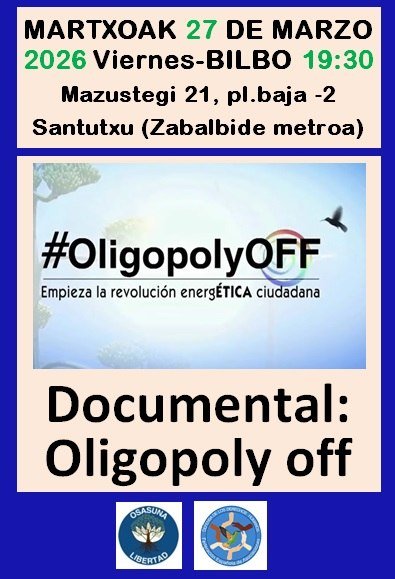 BizitzaP's tweet photo. Hileko azken ostirala: energia lapurretari buruzko dokumentala Mazustegi, ez Arriagan
Pobrezia energetikoaren gorakada izugarriarekin, argiaren eta gasaren (eta erregaien) fakturen etengabeko igoerekin kezkatuta.

Osasuna-Libertad
Telegramhttps://t.me/OSASUNA_LIBERTAD https://t.co/jkNUmILvon