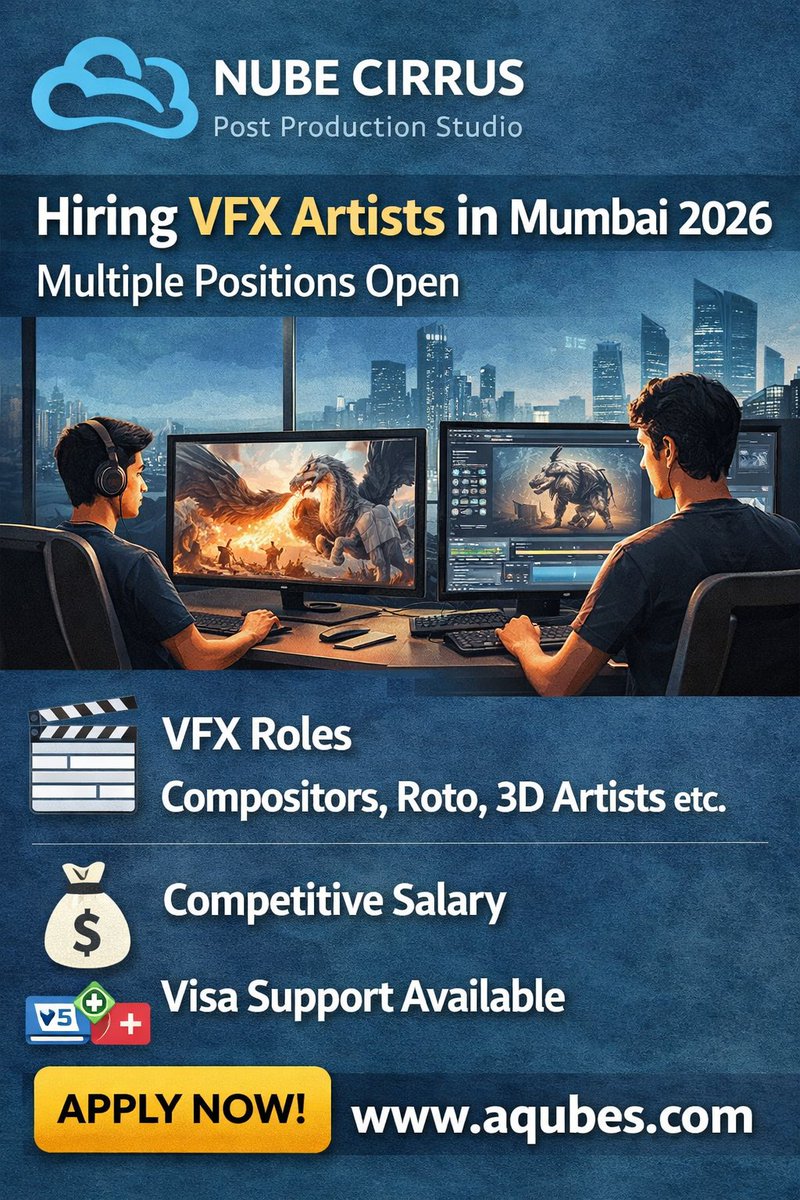 aqubes_sarkari's tweet image. 🎬 Nube Cirrus Recruitment 2026 – VFX Artist Jobs in Mumbai | Aqubes.com

👉 Apply Now: shorturl.at/HDwvu

#NubeCirrus #VFXJobs #3DArtist #BlenderArtist #Compositor #AnimationJobs #MumbaiJobs #CreativeJobs #FreshersJobs #JobAlert #AqubesSarkariJobs 🚀