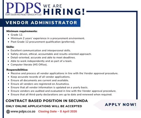 NthabelengDlam3's tweet photo. Vacancy for a 𝗩𝗲𝗻𝗱𝗼𝗿 𝗔𝗱𝗺𝗶𝗻𝗶𝘀𝘁𝗿𝗮𝘁𝗼𝗿 available. 

Only online applications will be accepted.
Apply online at: https://t.co/abAHVZn2OS

| #VendorAdministrator | #VendorAdministratorVacancy | #JobOpportunitySecunda | #PDPS | https://t.co/0rHJ23eKvM