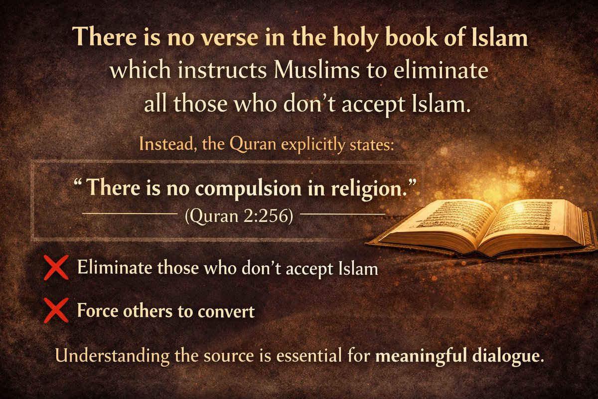 LloydSmithBwp's tweet photo. • “There is no compulsion in religion.” (2:256)
• “Whoever kills a soul… it is as if he had slain mankind entirely.” (5:32)
• “To you be your religion, and to me mine.” (109:6)
There is no verse commanding Muslims to eliminate those who do not accept Islam. https://t.co/VRLozuo2WF