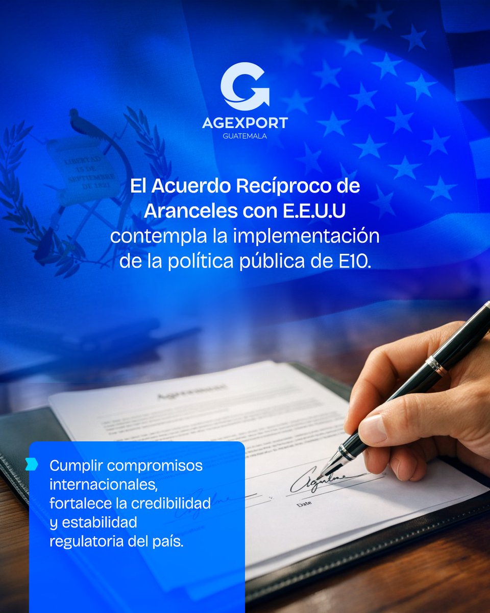 ¡El E10 no es una política aislada! 🇬🇹

Es parte del Acuerdo Recíproco de Aranceles con Estados Unidos, que fortalece la estabilidad económica y la competitividad del país. 📈
 
Cumplir estos compromisos es fortalecer la posición de Guatemala en el comercio internacional. 🌎🤝