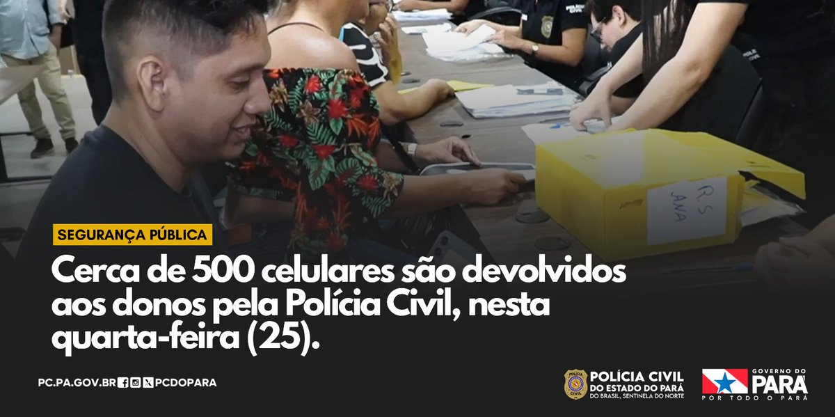 pcdopara's tweet photo. A Polícia Civil do Pará devolveu aos seus donos cerca de 500 celulares, recuperados durante a Operação Reconecta. A entrega aos proprietários ocorreu na manhã desta quarta-feira (25), em Belém.
Saiba mais em https://t.co/qSBsyyNKXC https://t.co/xOAtspkPDu