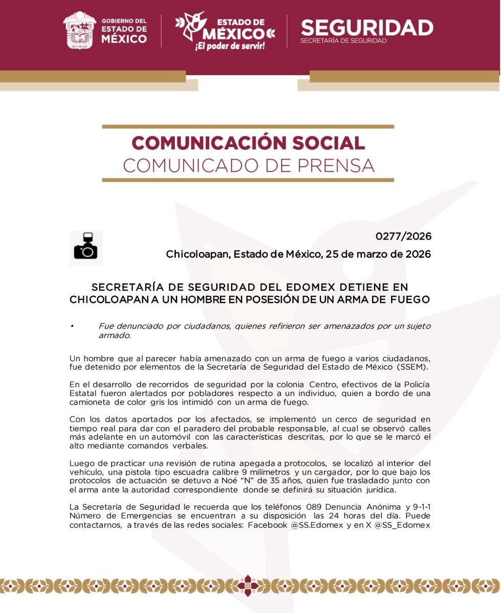 SS_Edomex's tweet image. En 📌#Chicoloapan, la @EstatalEdomex detuvo a un hombre en posesión de un arma de fuego, quien al parecer amenazó a varios ciudadanos del lugar. 

Tras los hechos, el sujeto fue puesto a disposición de la autoridad competente. 

#Denuncia