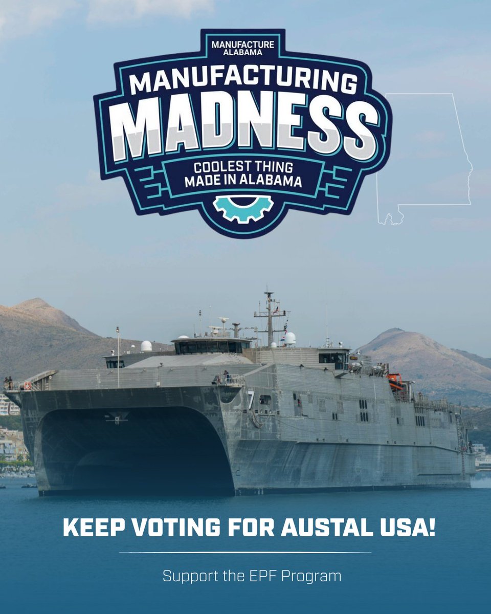 Austal_USA's tweet image. Austal USA’s EPF is in the Elite Eight for Manufacturing Madness – The Coolest Thing Made in Alabama! 

Vote daily to help us reach the Final Four: almanufacturingmadness.com/vote/

Every vote counts!

#AustalUSA #Shipbuilding #MobileAL #InnovativeOnLandExceptionalAtSea #MadeInAlabama