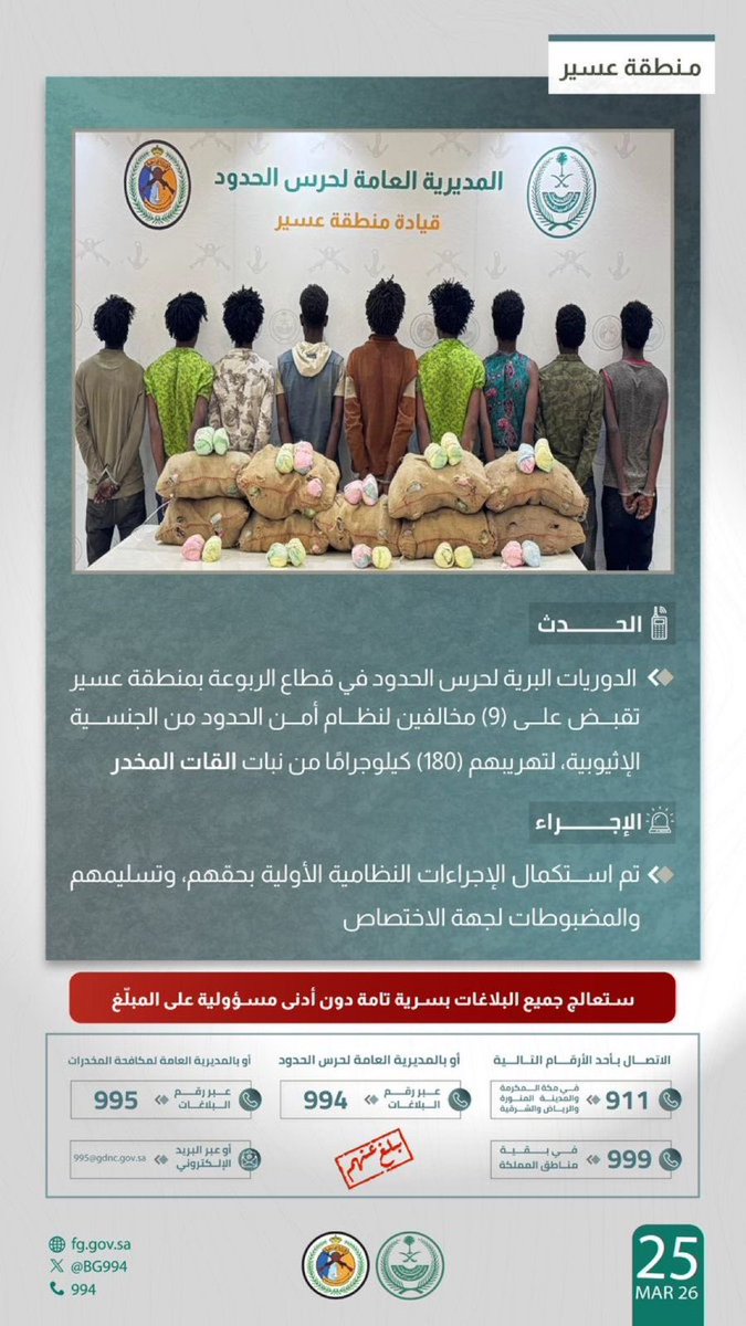 عسير.. القبض على 9 إثيوبيين مخالفين لنظام أمن الحدود وضبط 120 كجم من "القات"