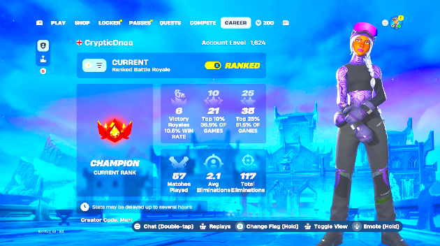CrypticDnaa's tweet photo. Fort the First Time Really trying to get to Unreal in Fortnite we are on its Door Step at Champion 70%

I never gave ranked my 100% but anythings possible when you think of it!

#FortniteCh7S2 https://t.co/PlwDDBv6ur