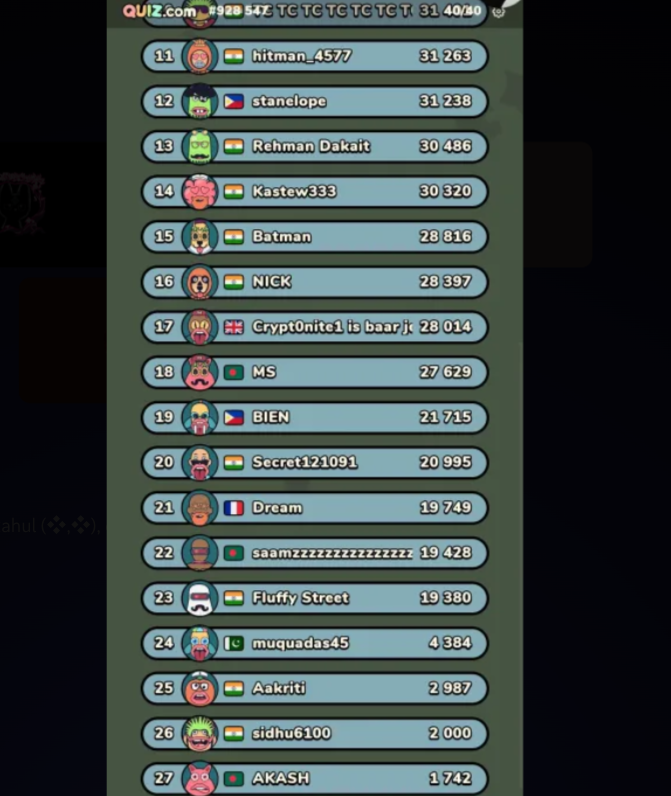 General Knowledge quiz hosted by <a href="/iameffie_/">Effie</a> in ritual  India vc

I finished 8th out of 30 which isn't half bad. Next time i'll get to the top.

Best events are hosted only in <a href="/ritualnet/">Ritual</a>