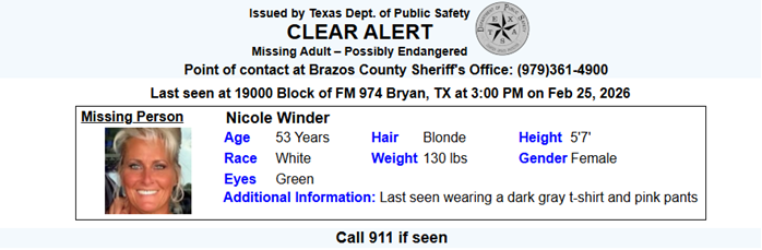 TX_Alerts's tweet photo. MISSING ADULT ALERT CONTINUES: initially issued 02/26/2026 for Nicole Winder from Bryan, TX. https://t.co/F3hkK9TQux