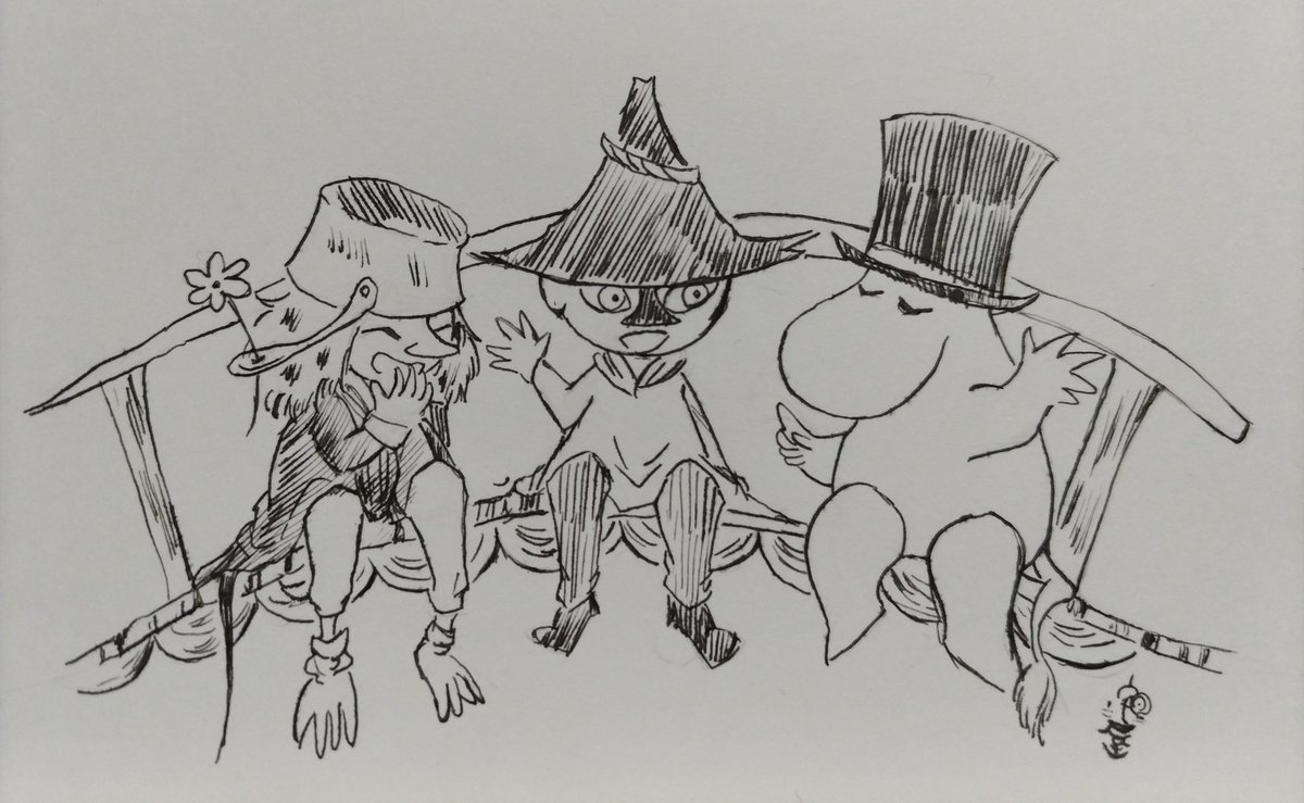 #宅屋が描いた絵『ムーミン/版権』
ムーミンパパ、ヨクサル、ロッドユールの語らい描けた。
そんでや〜〜〜ん😩
このインクもう少し茶色いはずなんだけどな〜〜〜〜〜？？？？🤔<まだ劣化もしてないはずなんだけど…？