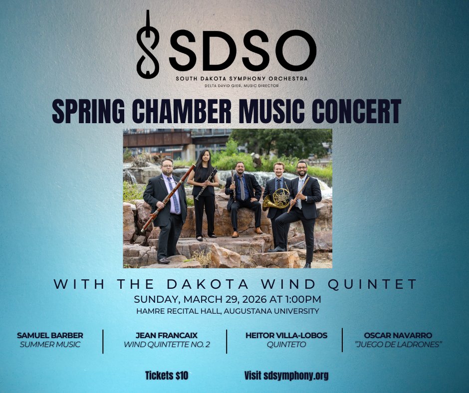 SDSymphony's tweet photo. Let the Dakota Wind Quintet serenade you this Sunday, March 29 in the intimate settings of Hamre Recital Hall at Augustana University.  It's looking to be a beautiful day for beautiful music.  Tickets just $10 and available at https://t.co/XO4ZTeg3FO. https://t.co/OFA91IZGib