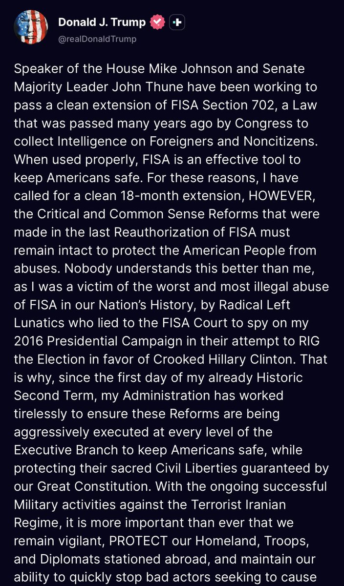 RTB_io's tweet image. JUST IN: Trump calls for clean 18-month extension of FISA Section 702, says reforms must stay intact while stressing need for surveillance amid Iran conflict.

#Trump #FISA #Iran