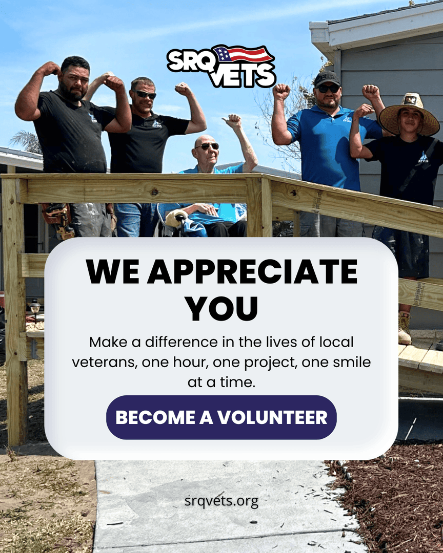 At SRQ Vets, our volunteers are the heartbeat of everything we do.

You don’t need military experience. Just a willing heart and a desire to serve.

Ready to make a difference?
Visit srqvets.org to become a volunteer today. 

#HonorOurVeterans #SRQVeterans #SRQVets