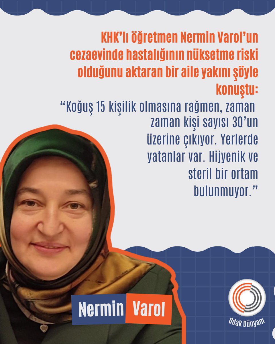 Sumeyraylmz3's tweet photo. Cezaevi şartlarında yaşamak normal sağlıkli bir insan için bile zorken kanser hastası olan Nermin Hanım için hiç uygun değil..
Hastalığının nüksetme riski yüksek..
Acilen 
NerminÖğretmene Tahliye
@yesimsalkim

#MuhsinYazıcıoğlu #Rasyox Metehan https://t.co/eDgNDwtG9d