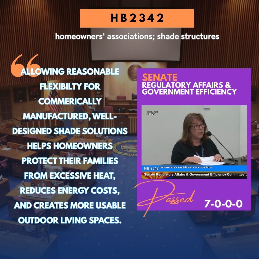 AZHouseDems's tweet image. Well done Whip Stacey Travers! Her HB2342 prohibits HOAs from banning the use of a reasonable shade structure and passed the Senate Regulatory Affairs &amp;amp; Government Efficiency Committee. #azleg