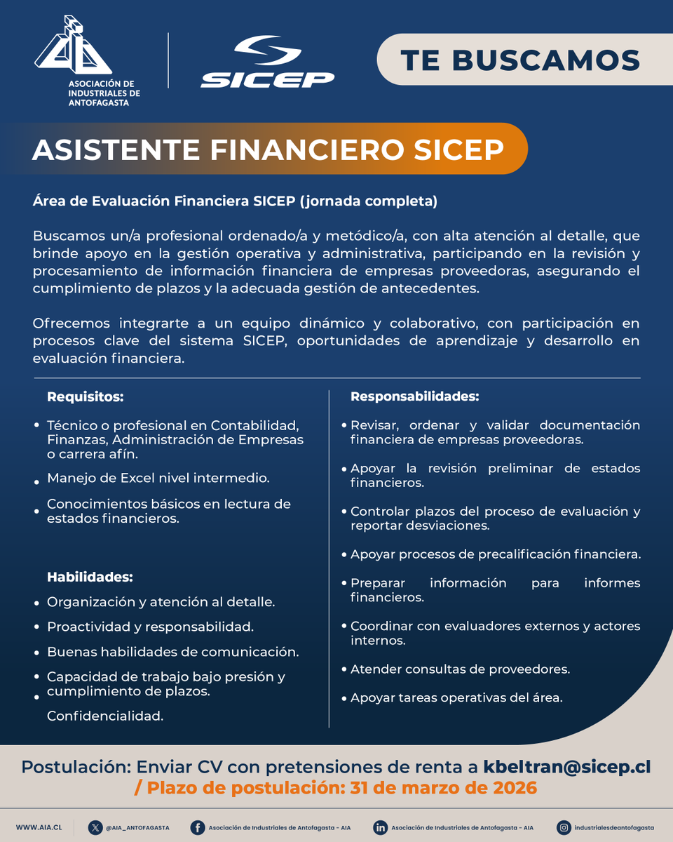 AIA_ANTOFAGASTA's tweet photo. ¡Oportunidad laboral!

#Antofagasta #OportunidadLaboral #OfertaLaboral #SICEP #AsistenteFinanciero #Empleo https://t.co/0gcRpJM7OS