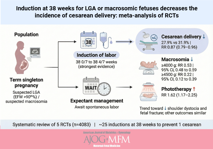 ajogmfm's tweet photo. 🚨 Hot off the press from AJOG MFM! 🚨 Inducing labor at 38 weeks for suspected LGA cuts cesareans by 13%, lowers macrosomia, and shows fewer complications. Read the full study: https://t.co/Ewy8bOJKp1 https://t.co/ZXXuywFm7d