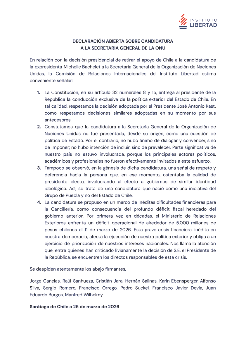 "...que la candidatura a la Secretaría General de la ONU no fue presentada, desde su origen, como una cuestión de política de Estado. Por el contrario, no hubo ánimo de dialogar y convencer, sino de imponer".

Revisa nuestra declaración: