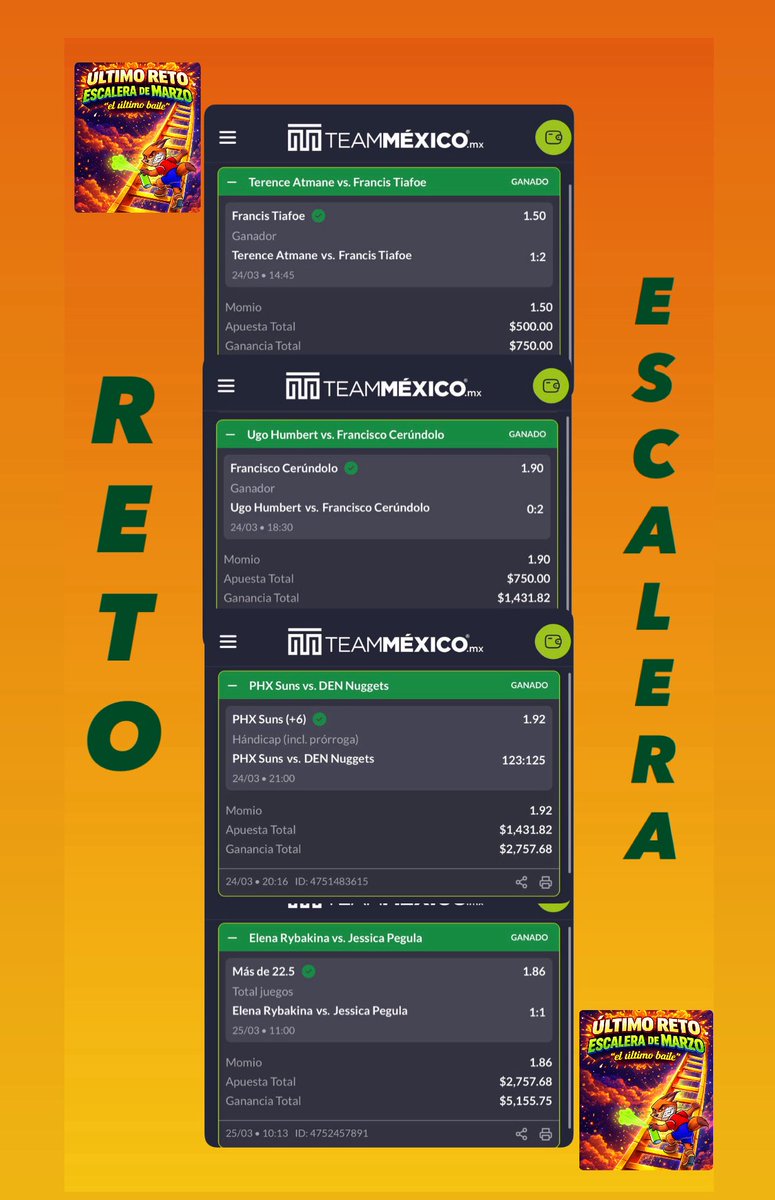 💎Jugada diamante garantizada (All in) está disponible para todo el que me quiera acompañar hoy ES EXCLUSIVA DE VENTA

También es el pick el paso 5 de mi reto Escalera que solté hace 12 horas 

✅1: $500 a $750
✅2: $750 a $1,431
✅3: $1,431 a $2,757
✅4:$2,757 a $5,155

+Info DM